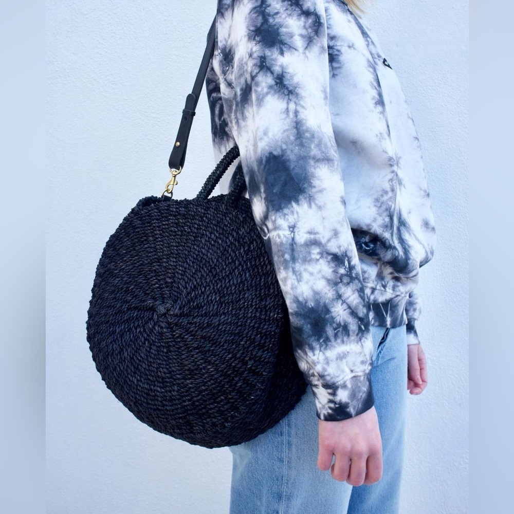 NWT Clare V Black Raffia Round Woven Tote Bag